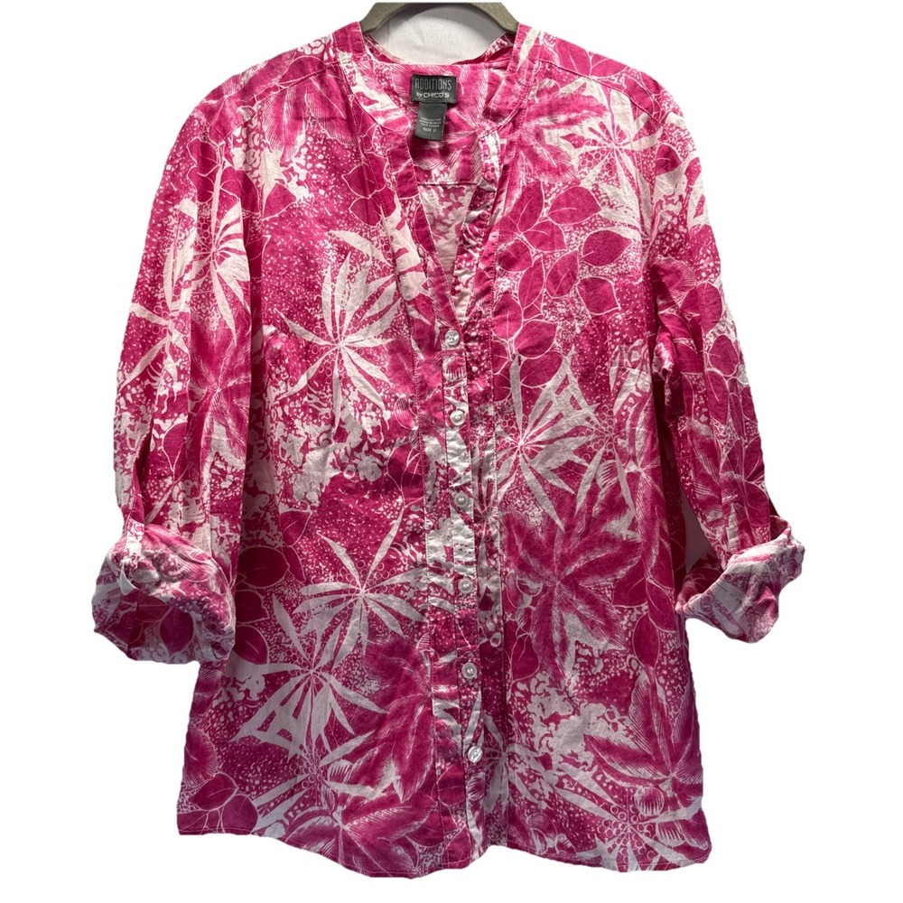Chicos Additions Women's Top Sz L Button Up Pink White Roll Tab‎ Sleeves Cotton